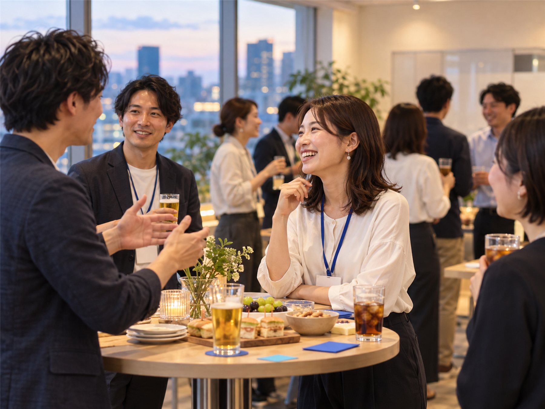 仕事帰りの会議室で、飲み物を手に話す採用担当者たち